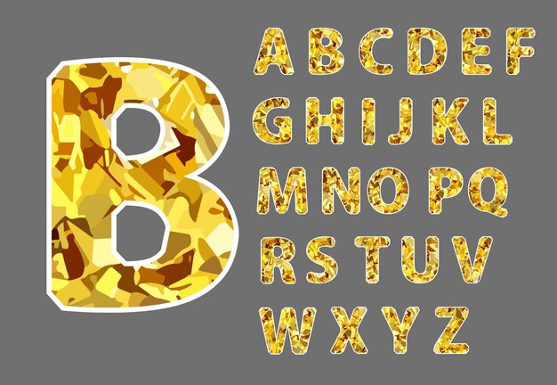 Vetor estilo de desenho animado textura de diamante dourado alfabeto font abc ilustração vetorial alfabeto em maiúsculas