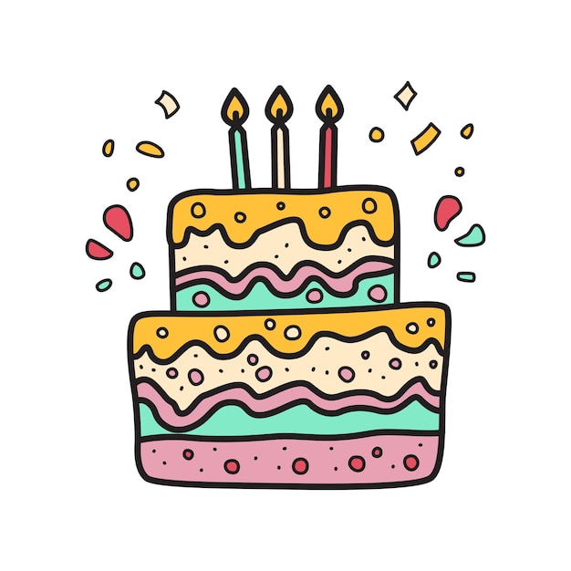 Estilo de doodle de bolo de feliz aniversário