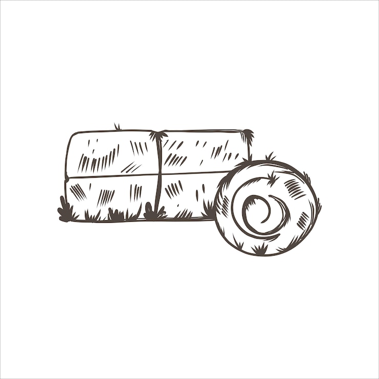 Vetor estilo de esboço de fardos de feno pilha desenhada à mão ou pilha de palha em rolo e forragem de fazenda de grama seca quadrada elementos de vila e campo ilustração isolada do vetor de palheiro