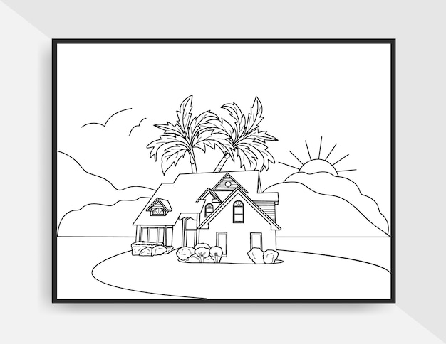 Estilo de esboço desenhado à mão da ilustração da paisagem da casa para a página da coloração
