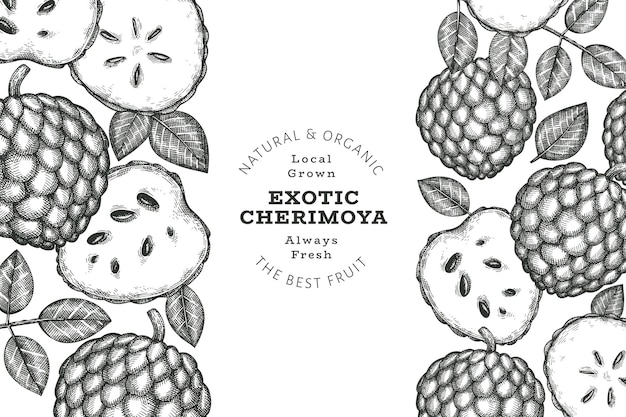 Estilo de esboço desenhado de mão cherimoya. Ilustração de frutas frescas orgânicas. Modelo de design botânico de estilo gravado.