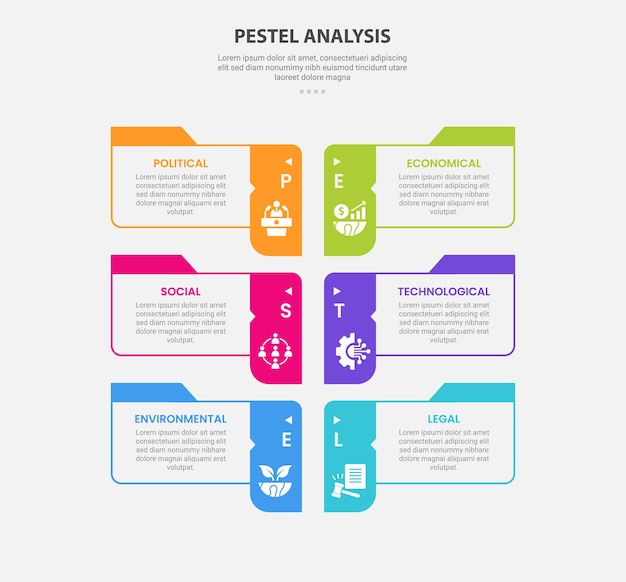 Estilo de esboço infográfico de análise PESTEL com modelo de 6 pontos com recipiente de caixa de tabela em direção oposta para apresentação de slides