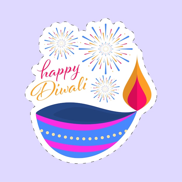 Estilo de etiqueta fonte feliz de diwali com lâmpada de óleo acesa diya e fogos de artifício em fundo violeta pastel