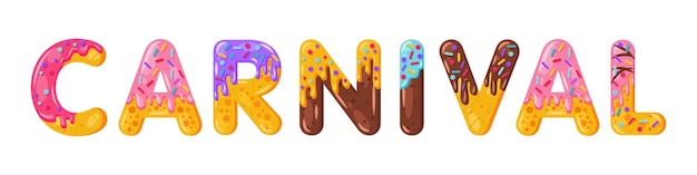 Estilo de fonte em negrito do biscoito de carnaval dos desenhos animados donut. maiúsculas esmaltadas. tipografia de design plano tentadora. biscoitos, letras de chocolate. fundo branco. pastelaria, padaria, waffle isolado vector clipart