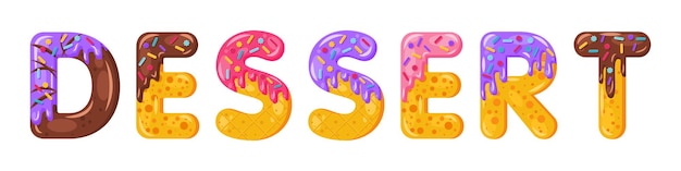 Estilo de fonte em negrito do biscoito de sobremesa dos desenhos animados donut. Maiúsculas esmaltadas. Tipografia de design plano tentadora. Biscoitos, letras de chocolate. Fundo branco. Pastelaria, padaria, waffle isolado vector clipart