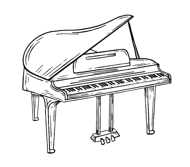 Estilo de instrumento musical de piano de cauda desenhado à mão Vetor preto e branco doodle