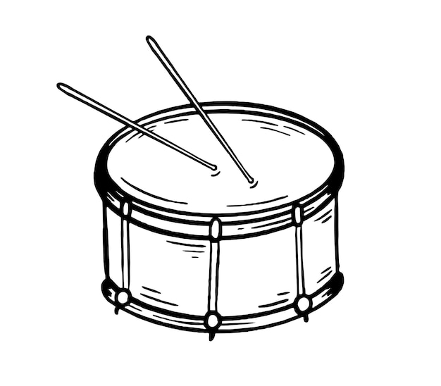 Estilo de instrumento musical de tambor desenhado à mão Vetor preto e branco doodle