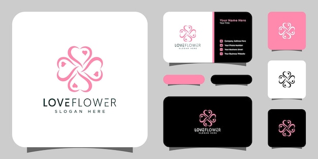 Estilo de linha de design de logotipo de flor de amor da natureza com cartão de visita