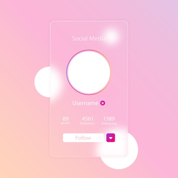 Estilo de morfismo de vidro. informações de perfil de visualização de mídia social. botão seguir. efeito de morfismo de vidro realista com conjunto de placas de vidro transparente.