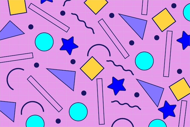 Estilo de padrão sem costura de Memphis com fundo roxo Estilo de Memphis de moda Costura geométrica colorida