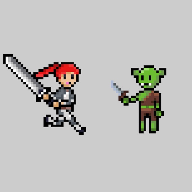 Estilo de pixel art, estilo antigo de videogames, estilo retrô 18 bits espada de ataque feminino vetor goblin