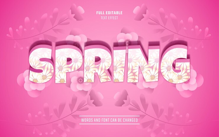 Estilo de tema de primavera de efeito de texto com estilo de flor de desenho animado rosa