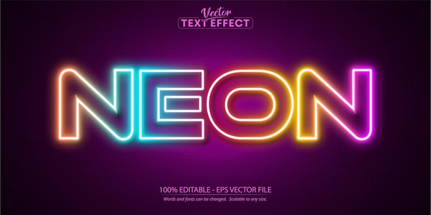 Vetor estilo de texto de luz neon editável com efeito de texto brilhante de néon isolado no fundo da parede de tijolos