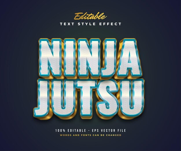 Estilo de texto ninja jutsu em branco, azul e dourado com efeito em relevo e texturizado. efeito de estilo de texto editável