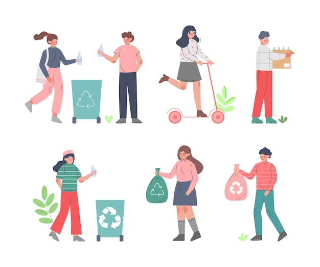 Estilo de vida ecológico com pessoas Personagens que protegem o meio ambiente Vector Set Jovem homem e mulher Desfrutam de um planeta limpo