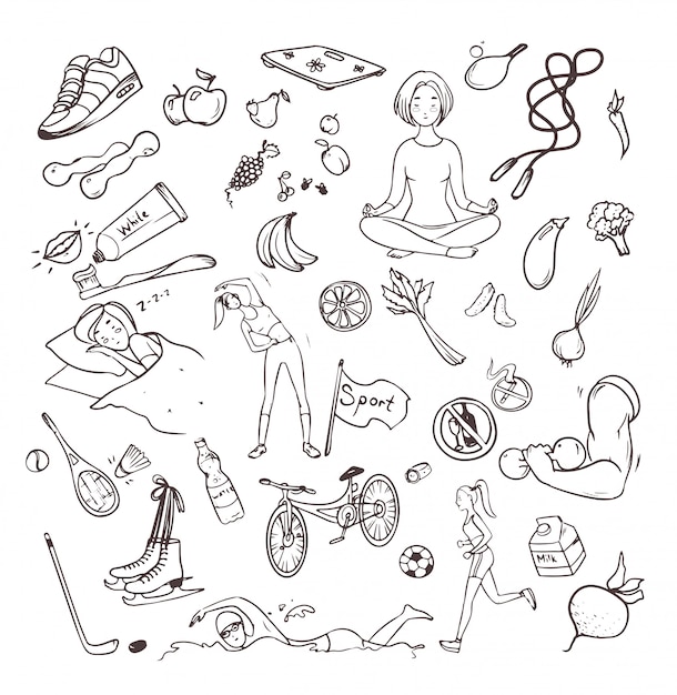 Estilo de vida saudável mão desenhado conjunto. coleção doodle objetos com fitness, esporte, fruta, símbolos de ioga. ilustrações vetoriais de contorno.