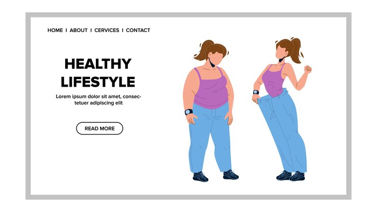Vetor estilo de vida saudável para perder peso vetor de mulher. menina gorda e magra após dieta saudável e treinamento esportivo mostram figura de ajuste forte. personagem com excesso de peso e corpo atlético web plana ilustração dos desenhos animados