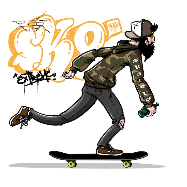 Estilo desenhado a mão de homem bêbado andando skateboard