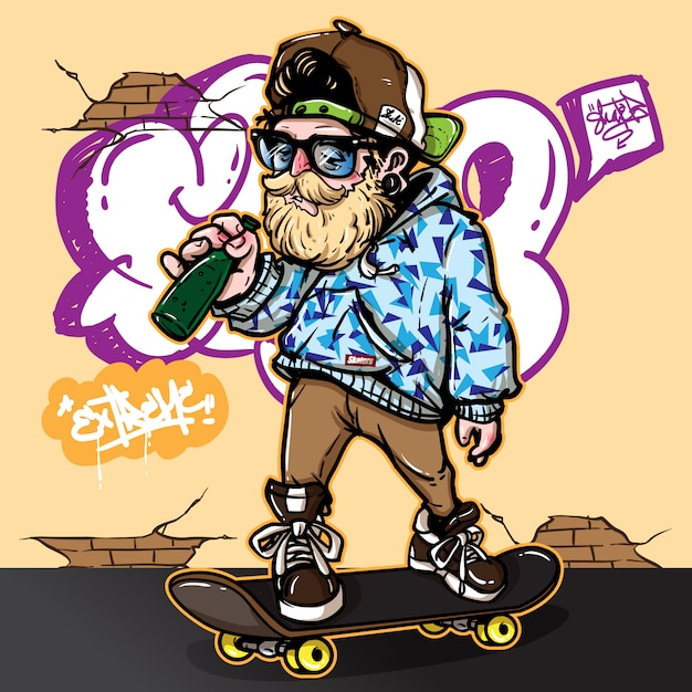 estilo desenhado a mão de homem bêbado andando skateboard