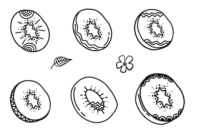 Estilo desenhado à mão kiwi com ornamentos de linhas abstratas conjunto de alimentos eco modelo para geléia de pêssego de menu e rótulo de suco chá banner têxtil