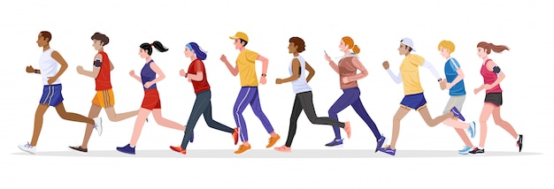 Vetor estilo design plano. grupo de jovens saudáveis homens e mulheres correndo juntos. vetor
