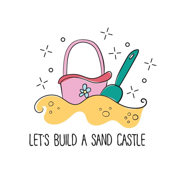 Estilo doodle balde e pá de castelo de areia de praia para crianças em formato vetorial para impressão de camiseta, isolado no fundo branco