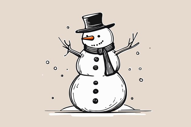 Estilo esboçado do desenho feliz do inverno do boneco de neve. Ilustração vetorial.