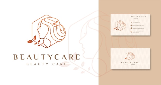 Estilo floral geométrico linear de logotipo de cuidados de beleza mínimo com design de cartão de visita