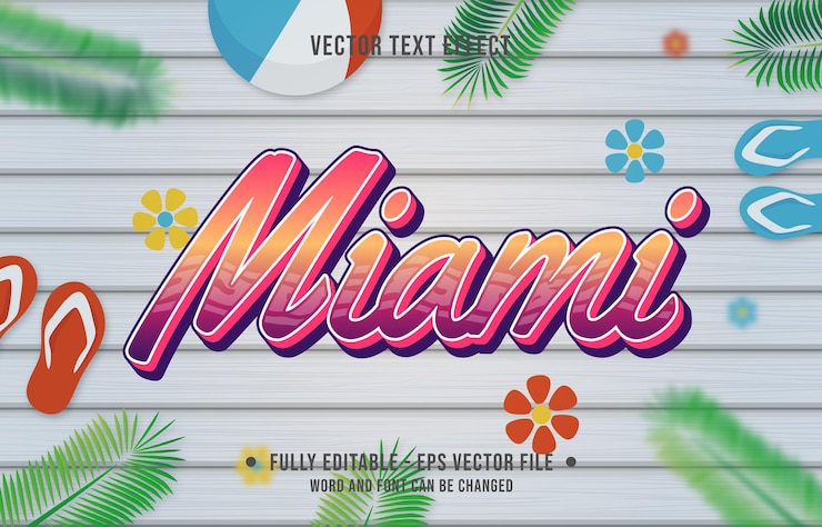 Vetor estilo gradiente de efeito de texto de miami com fundo temático da temporada de verão