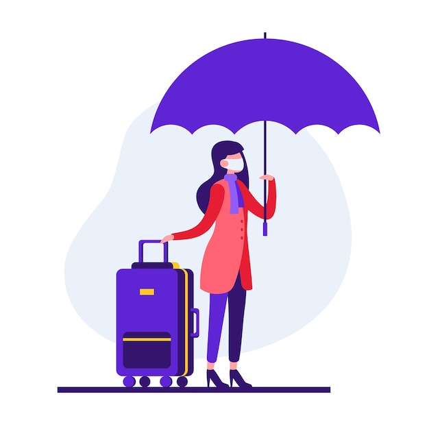 Estilo ilustração colorida de mulher viajante em máscara protetora para prevenção de coronavírus segurando guarda-chuva e carregando mala