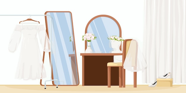 Estilo interior do quarto da noiva vestido de noiva branco espelho mulher quarto desenho animado mesa poltrona cortina móvel véu flores sapatos ilustração vetorial