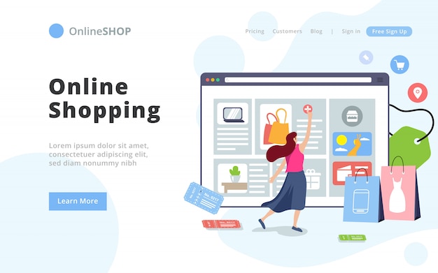 Estilo moderno modelo de página de destino de compras on-line.