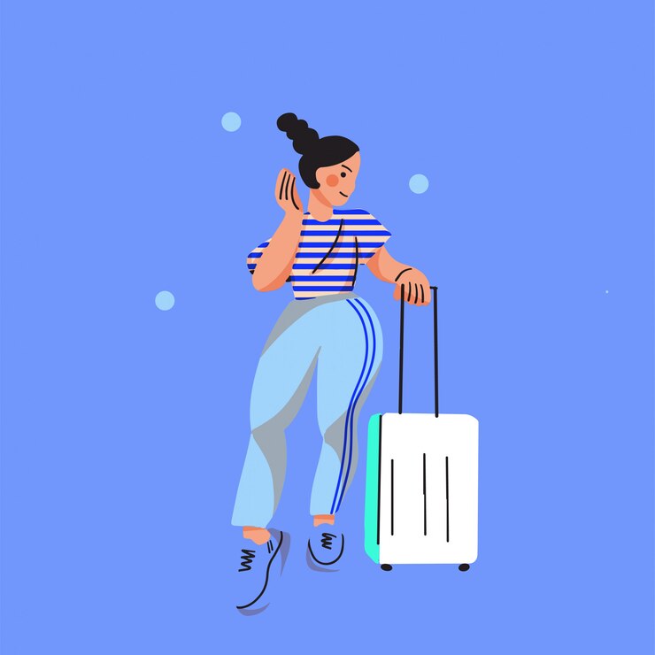 Vetor estilo moderno viajar menina com bagagem no aeroporto.