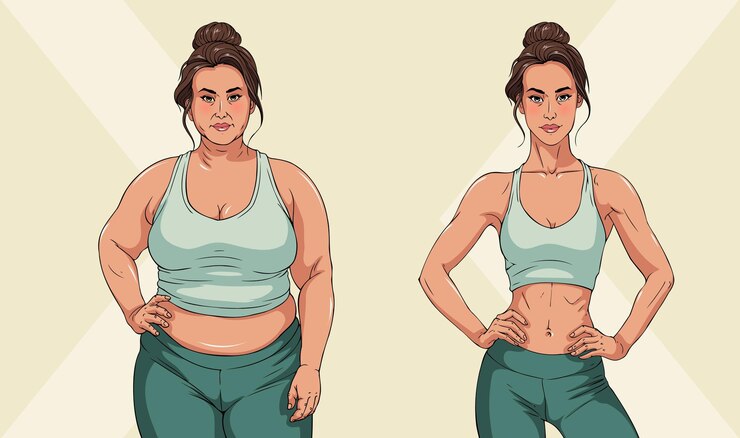 Vetor estilo pintado à mão de roupas de ioga verdes mulheres antes e depois de comparação de corpo de fitness
