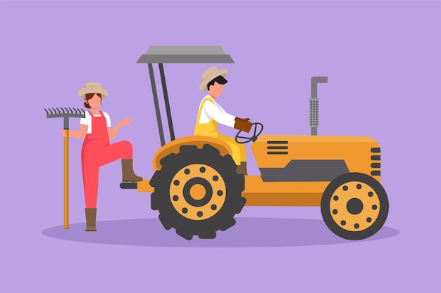 Estilo plano de desenho animado casal feliz fazendeiros com trator Homem dirige trator para arar os campos Mulher segurando ancinho Desafio agrícola bem-sucedido no campo Ilustração em vetor design gráfico