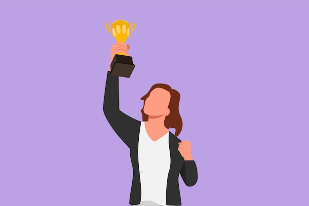 Vetor estilo plano dos desenhos animados desenhando linda empresária em blazer segurando o troféu de ouro com uma mão desempenho da empresa ganhando competição de negócios ou conquista ilustração em vetor design gráfico