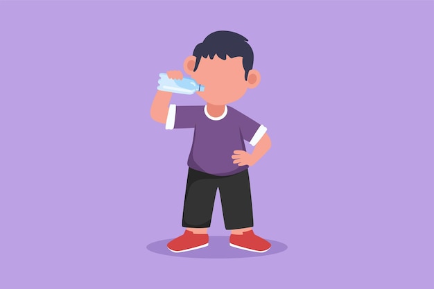 Estilo plano dos desenhos animados desenhando menino em pé enquanto segura e desfruta de uma garrafa de leite fresco para satisfazer sua nutrição corporal Conceito de saúde e crescimento de crianças ou crianças Ilustração em vetor design gráfico