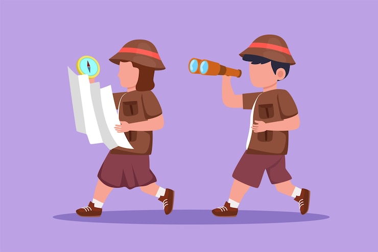 Vetor estilo plano dos desenhos animados desenhando meninos e meninas escoteiros andando com binóculos e mapa conceito de acampamento de aventura de escoteiros para caminhadas grupo de turismo recreativo ilustração em vetor design gráfico