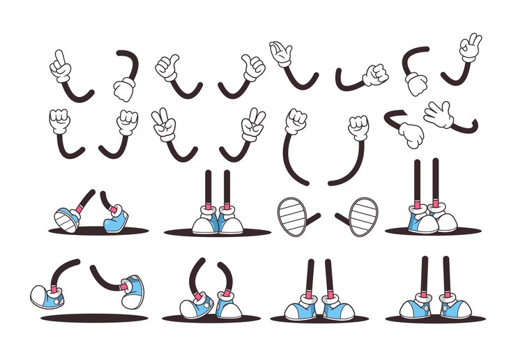 Vetor estilo retrô com diferentes poses de mãos e pernas coleção vetorial inclui pés e braços