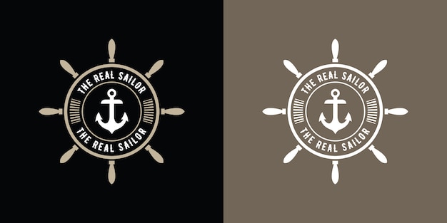 Estilo retro vintage redondo logotipo de marinheiro âncora, design náutico hipster retro com modelo de roda de navio