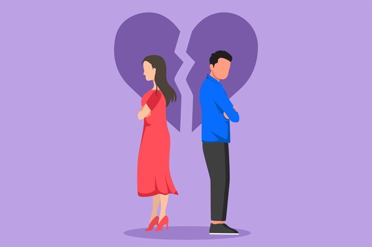 Vetor estilo simples de desenho animado casal jovem infeliz em pé de braços cruzados conflito familiar terminar relacionamento homem casado e mulher com raiva triste contra o coração partido ilustração em vetor design gráfico