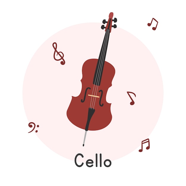 Estilo simples de desenho animado de clipart de violoncelo, ilustração vetorial plana de instrumento de corda rabisco desenhado à mão