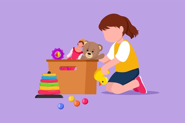 Vetor estilo simples de desenho animado, garotinha bonita colocando seus brinquedos na caixa crianças ativas fazendo tarefas domésticas em casa conceito criança sorridente armazenando seus brinquedos na caixa ilustração em vetor design gráfico
