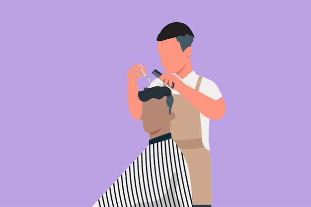 Vetor estilo simples de desenho animado, um homem barbudo bonito está ansioso enquanto corta o cabelo pelo cabeleireiro na barbearia preparação de homem de verdade negócios bem-sucedidos ilustração em vetor design gráfico