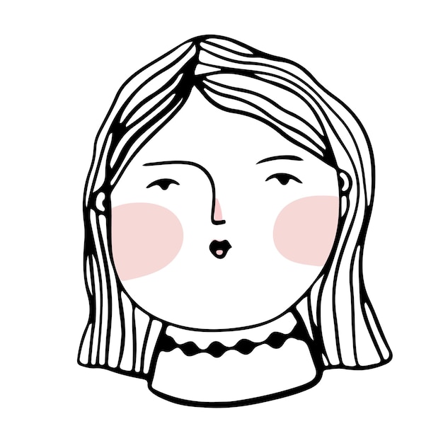 Estilo simples doodle rosto estilo simples vetor rosto de mulher linda garota com bochechas rosadas