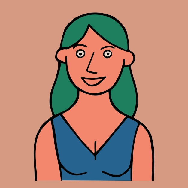 Estilo vetorial doodle desenho retrato de uma mulher sorridente ilustração simples cores retrô