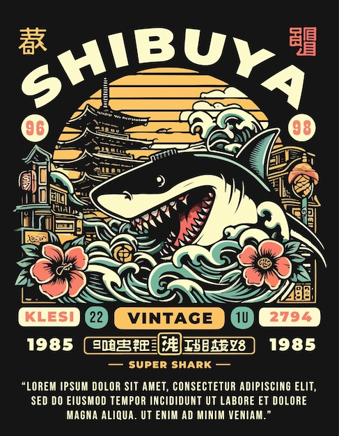 Estilo vintage de tubarão de shibuya para design de camiseta