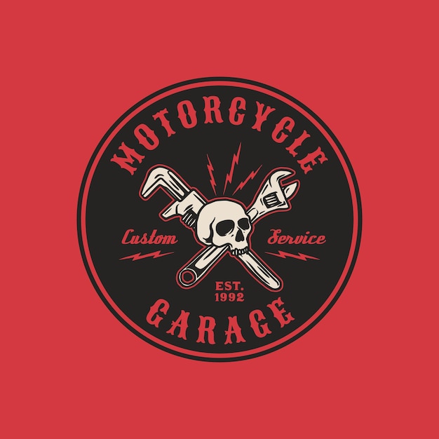 Estilo vintage desenhado à mão de motocicleta e distintivo de logotipo de garagem