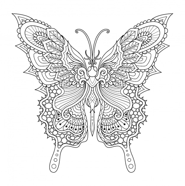 Vetor estilo zentangle borboleta, página para colorir