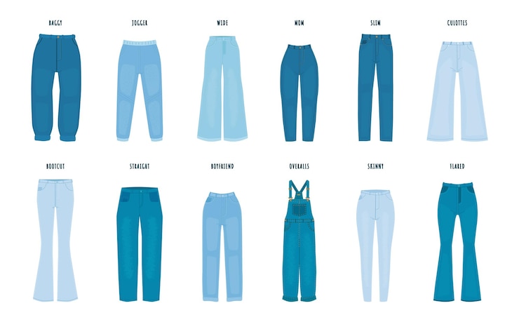 Vetor estilos de jeans femininos mulheres elegantes calças de denim vários modelos slim e namorado mãe e skinny jeans casual garota usar conjunto vetorial aconchegante